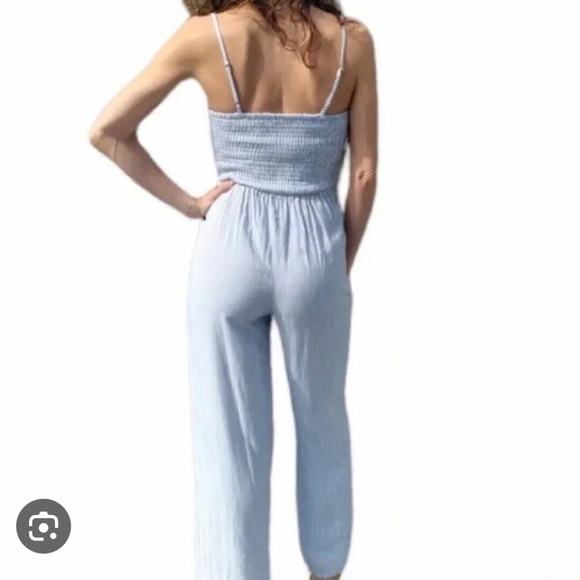 Japna Jumpsuit Womens XL Blue White Striped Embroidered V Neck Smocked Back - Picture 2 of 6